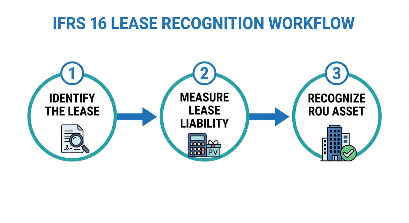 Three-step IFRS 16 lease recognition workflow: identify the lease, measure lease liability, and recognize the right-of-use asset
