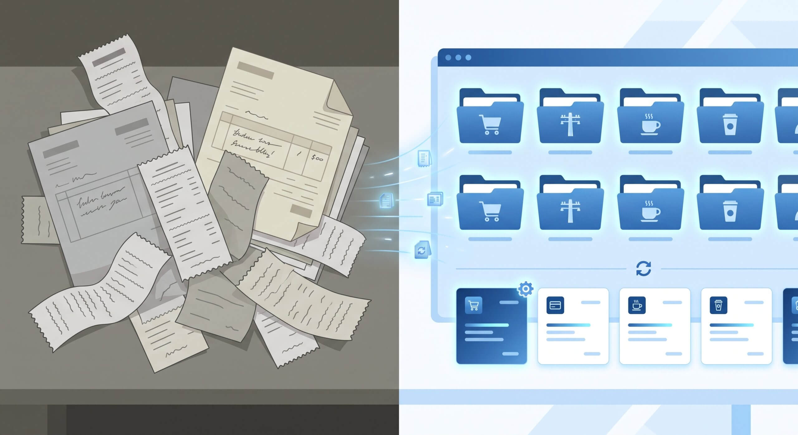 Messy paper receipts transforming into neatly organized digital folders through automatic bank rule categorization