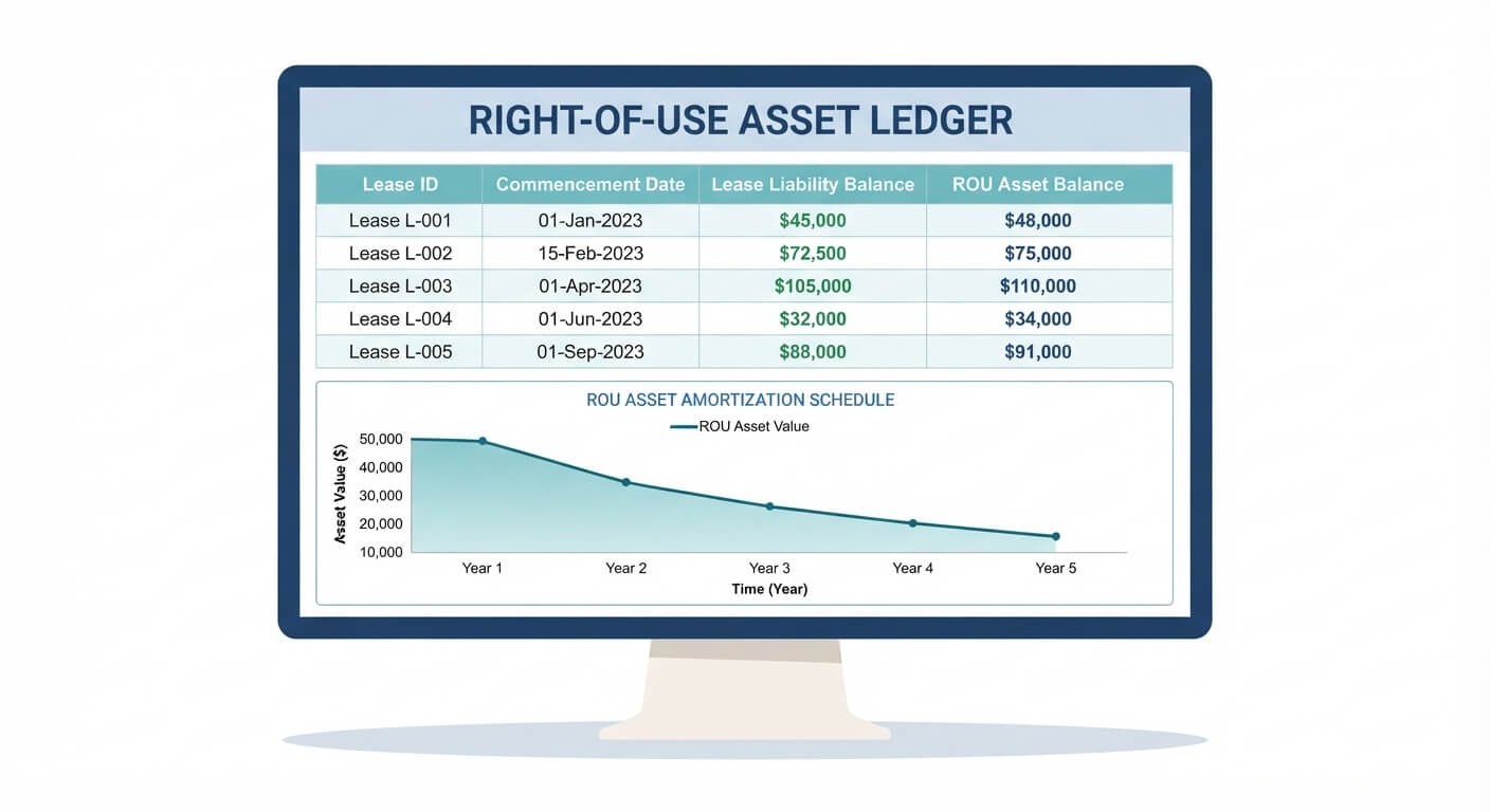 Right-of-use asset ledger dashboard showing lease liability and ROU asset balances by lease, with an amortization schedule chart declining over five years