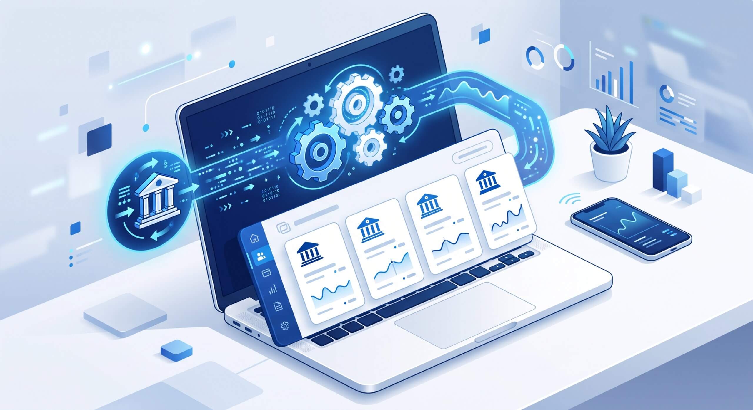 Laptop dashboard showing a bank feed connection automatically syncing transaction data into QuickBooks Online