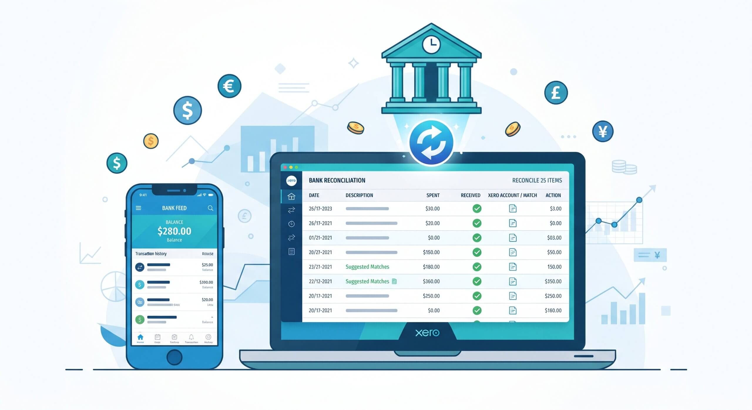Laptop and smartphone displaying Xero bank feed reconciliation dashboards with matched transactions, currency symbols, and a bank building with a sync arrow