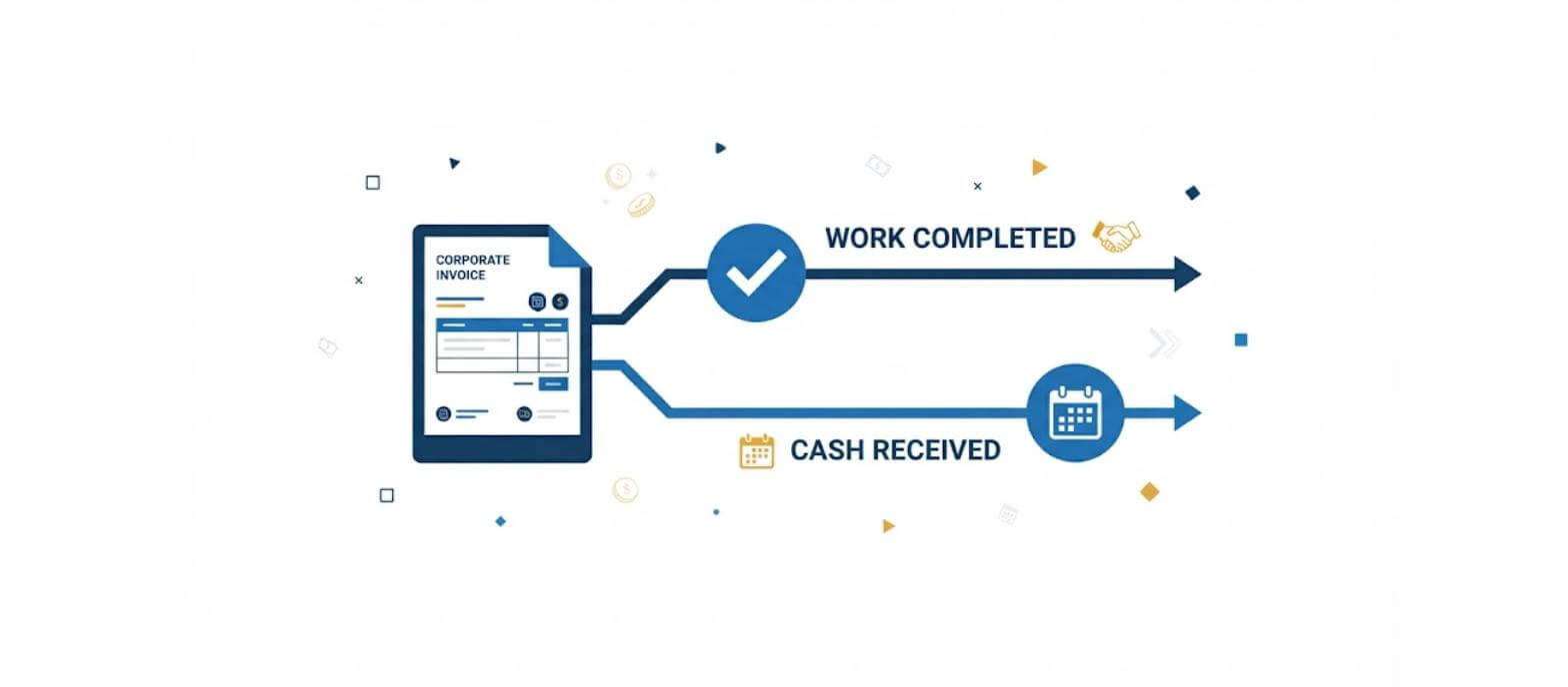 An invoice diverging into two timelines showing work completed earlier than cash received