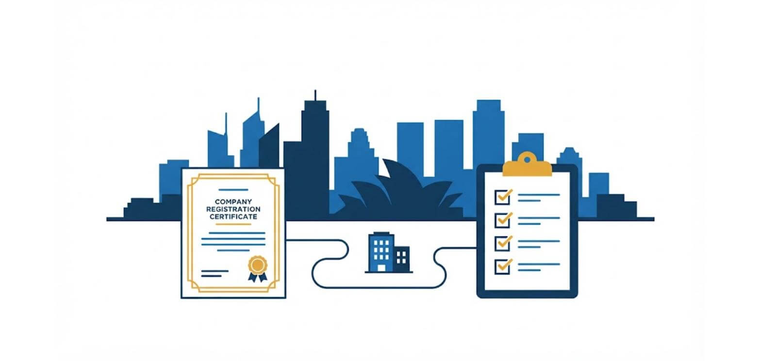 Illustration of Australian company registration showing a company registration certificate and compliance checklist against a Sydney skyline