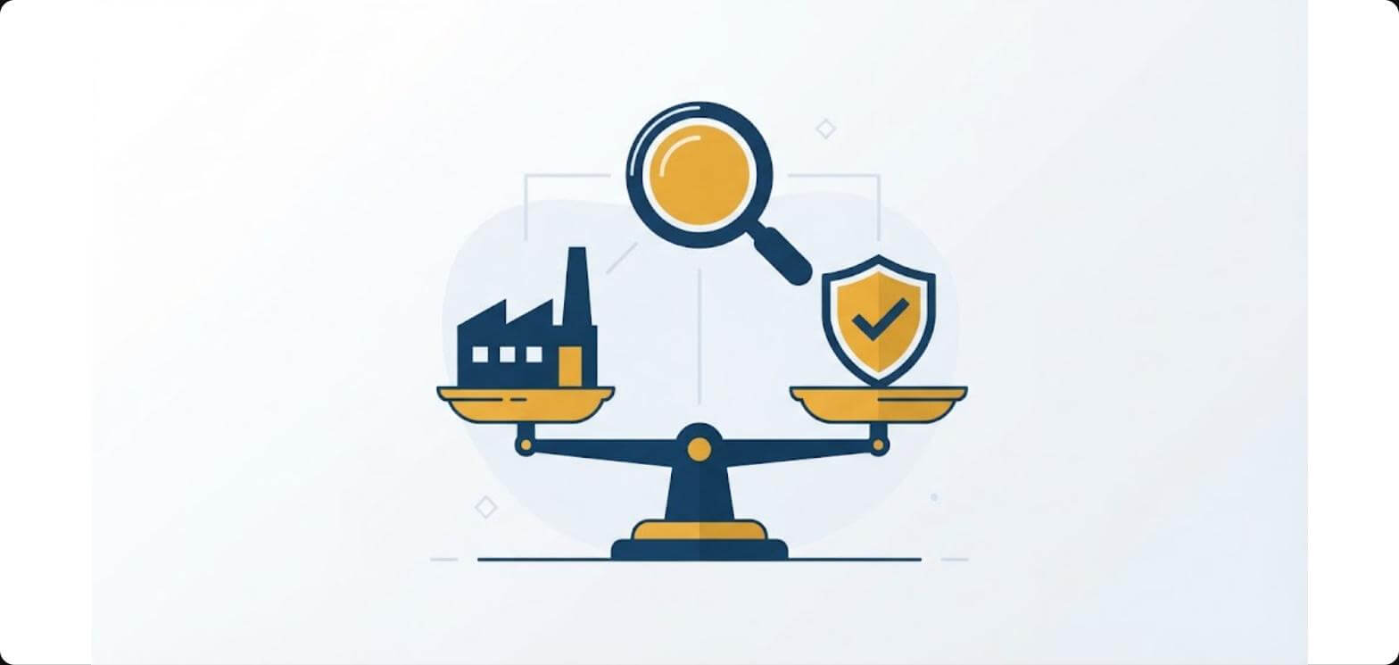 A factory building on one side of a balance scale weighed against a shield with a checkmark, with a magnifying glass above, representing testing an asset for impairment against its recoverable amount