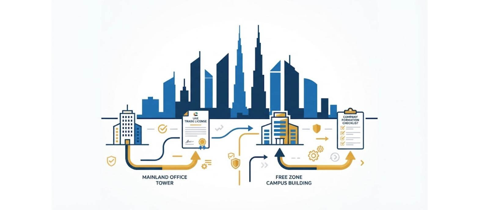 Illustration of UAE company registration showing mainland office tower and free zone campus building paths with trade license and company formation checklist