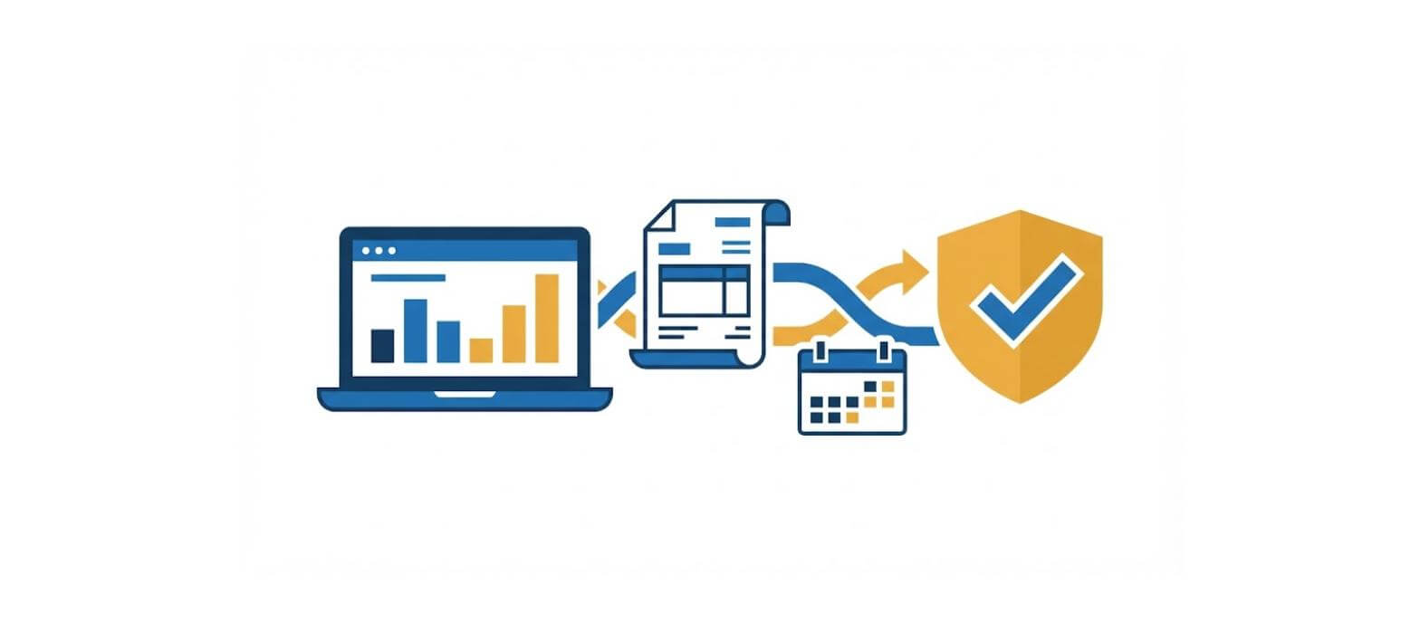 Laptop displaying payroll dashboard with payslip document, calendar, and compliance shield checkmark representing Xero payroll and STP2 setup